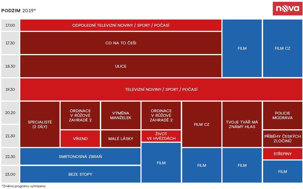Programové schéma TV Nova - podzim 2019
