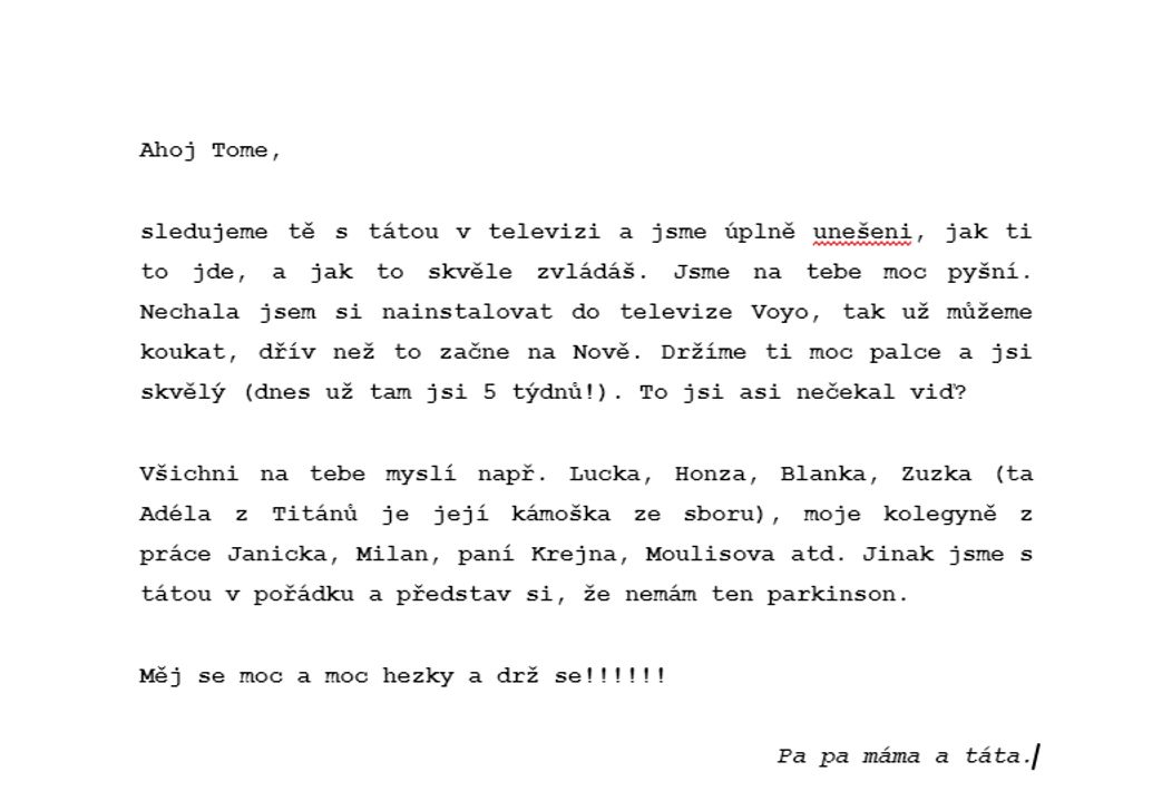 Survivor - dopis pro Tomáše od rodičů