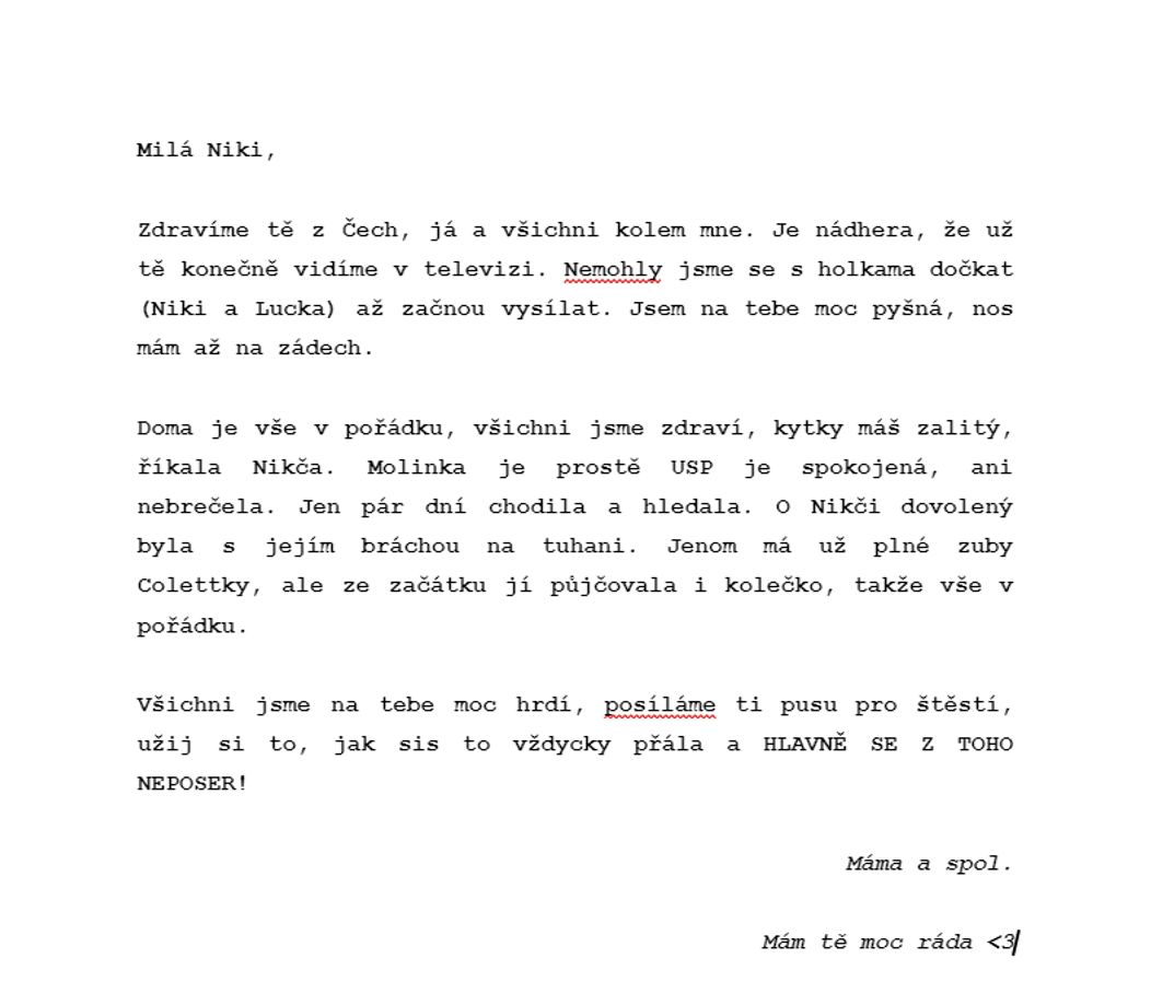 Survivor - dopis pro Nikolu od mamky