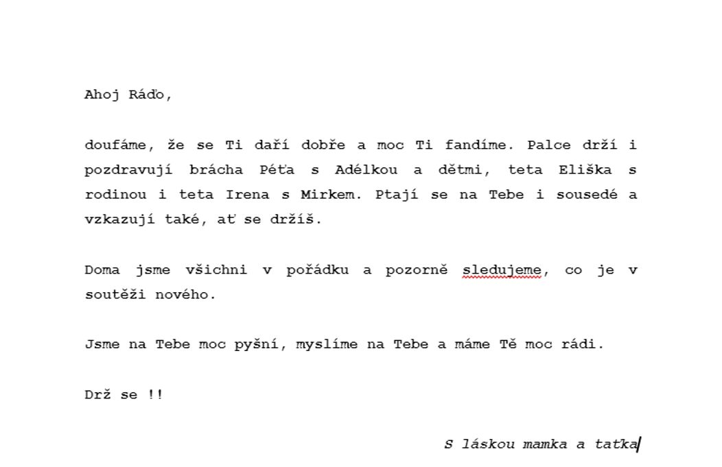 Survivor - dopis pro Radka od rodičů