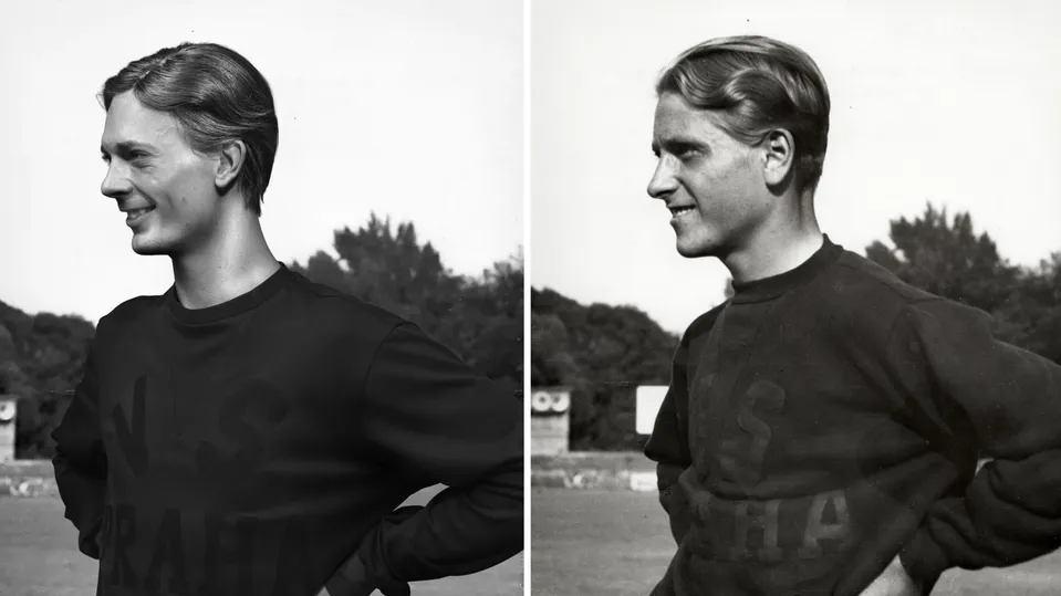 Vlevo herec Petr Uhlík v roli Zdeny Koubkové, vpravo originální fotografie Zdeny Koubkové